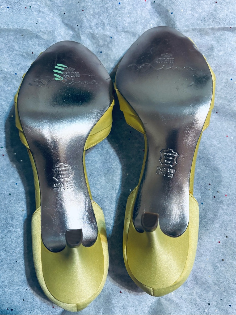 Nina Yellow Satin Peep-Toe Heels with Crystal Brooch - Picture 6 of 8